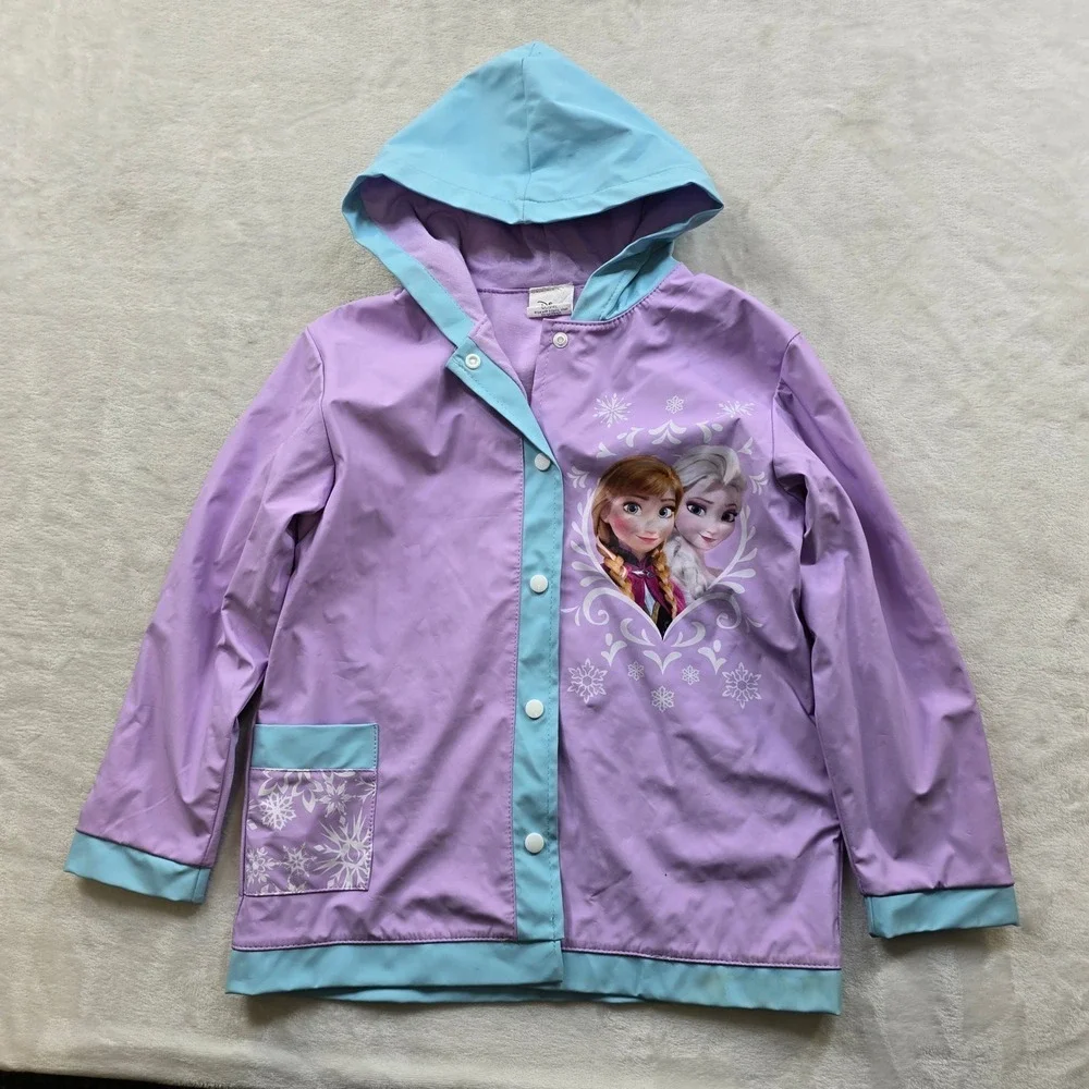 Disney Frozen Rain Jacket‎ Girls 5-6 Purple Blue Hooded Anna Elsa Raincoat